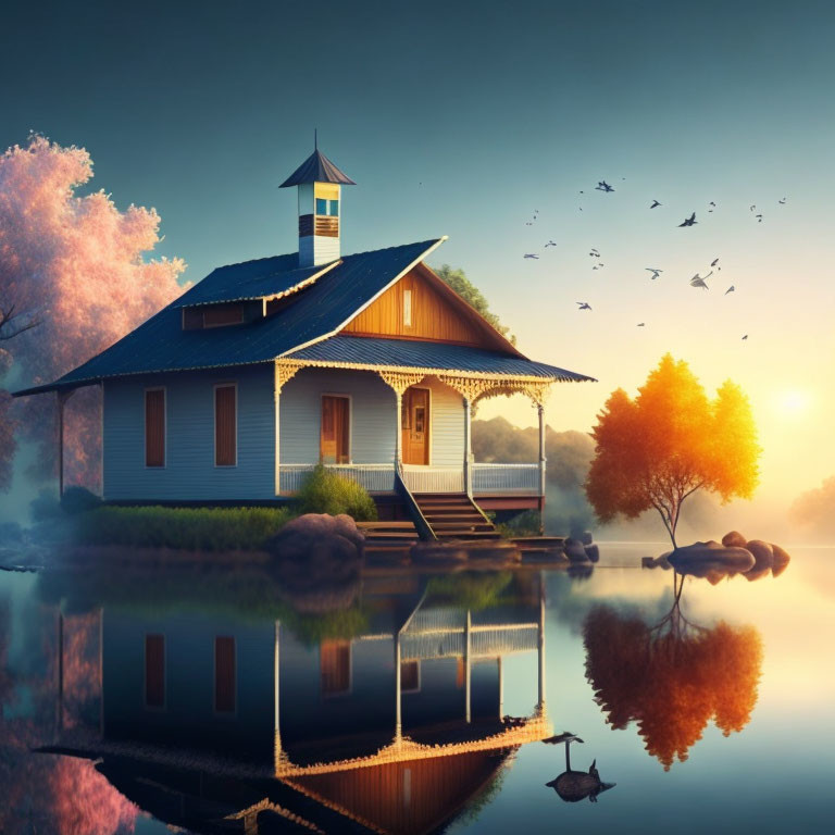 Tranquil autumn lakeside scene with house, reflecting trees, and birds in sky