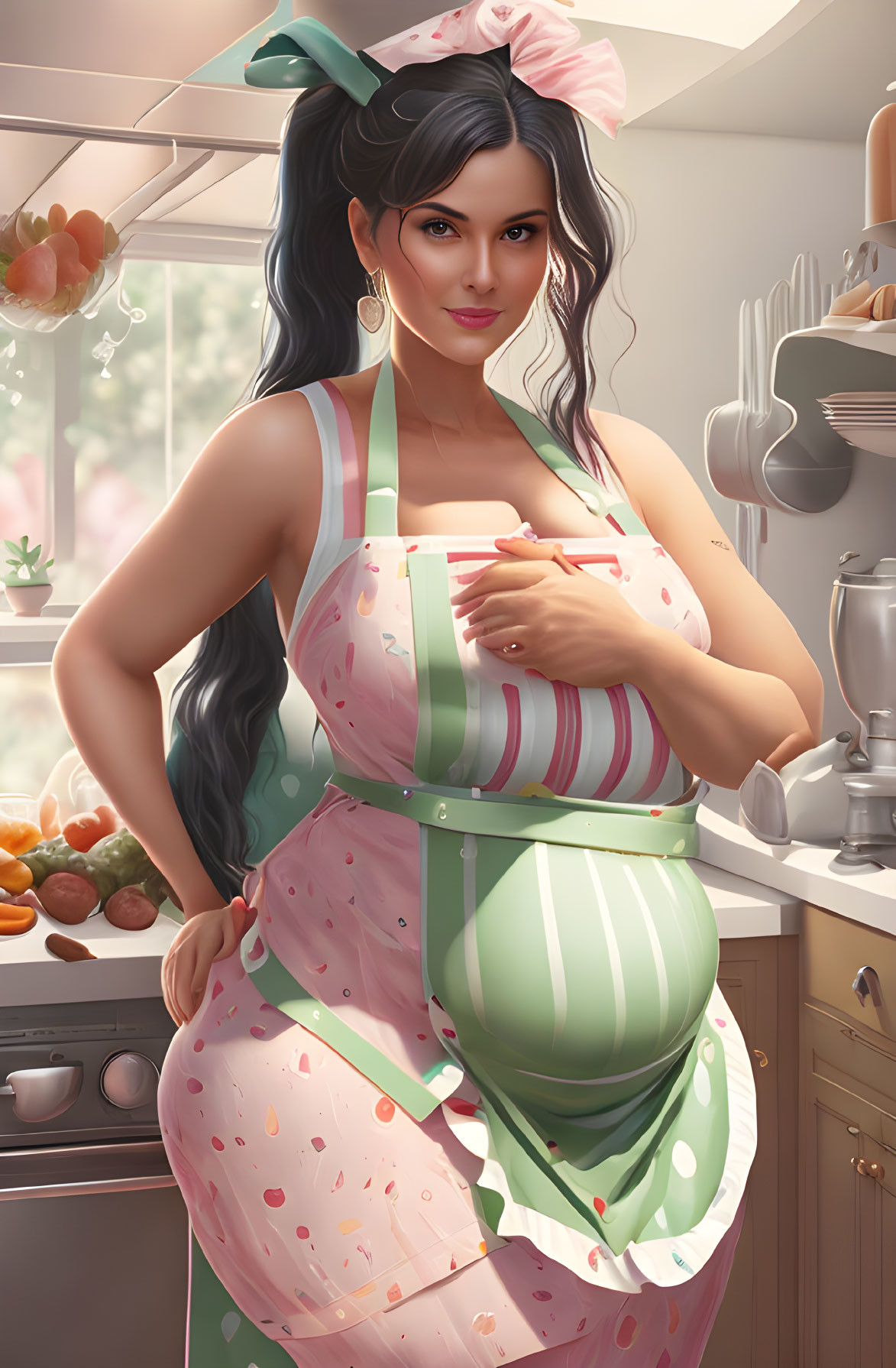 Illustrated woman in kitchen with striped apron and baking ingredients