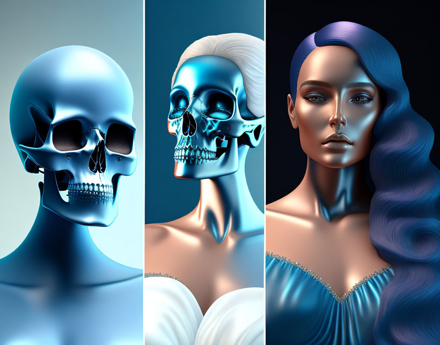 Human skull transitions to skeletal face with hair, then to fleshed woman's face with blue hair.