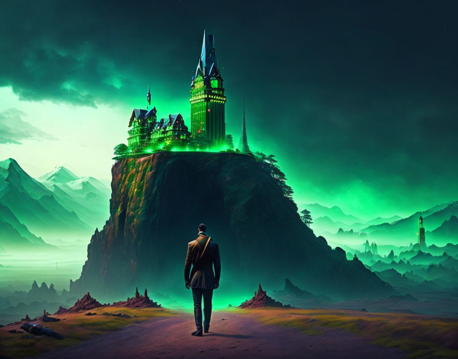 Man in suit at glowing green castle on cliff under twilight sky