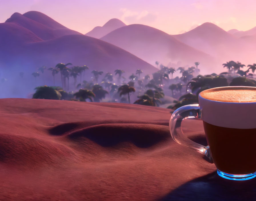 Coffee cup on misty tropical hills in soft morning light