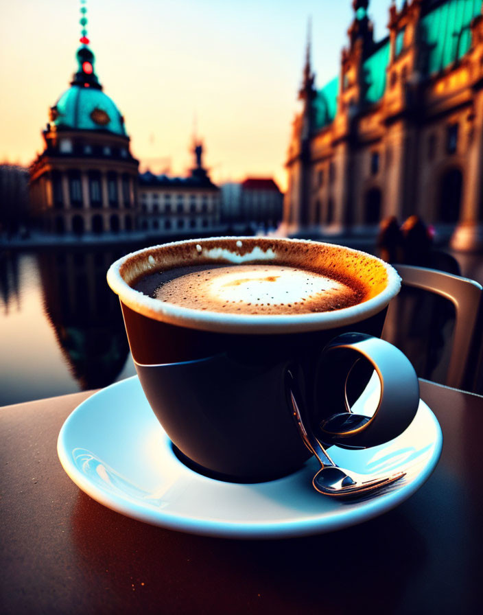 Coffee cup with heart foam art & historic building view at sunset