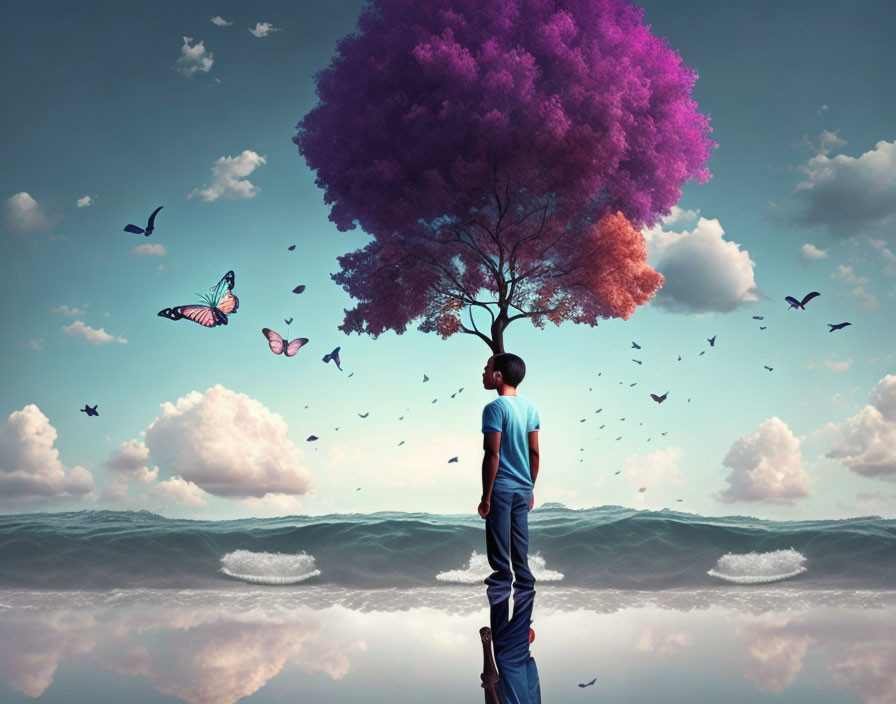 Person standing on book stack gazes at vibrant tree with purple foliage, surrounded by floating birds and butterflies