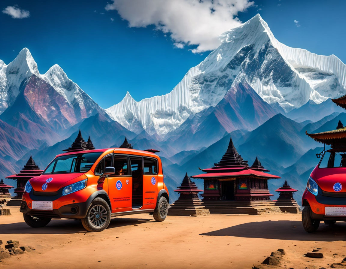 Colorful vehicles outside Asian-style buildings with snow-capped mountains.