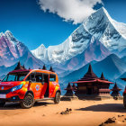 Colorful vehicles outside Asian-style buildings with snow-capped mountains.