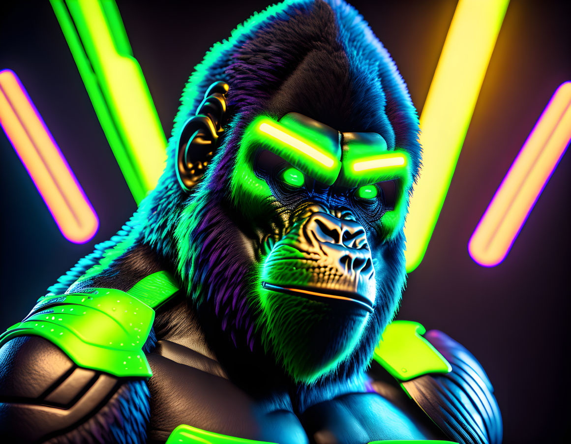 Neon green-armored gorilla in futuristic cyberpunk setting