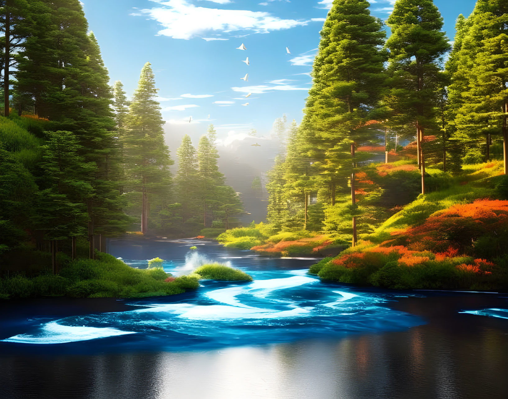 Tranquil river in vibrant forest with tall pine trees