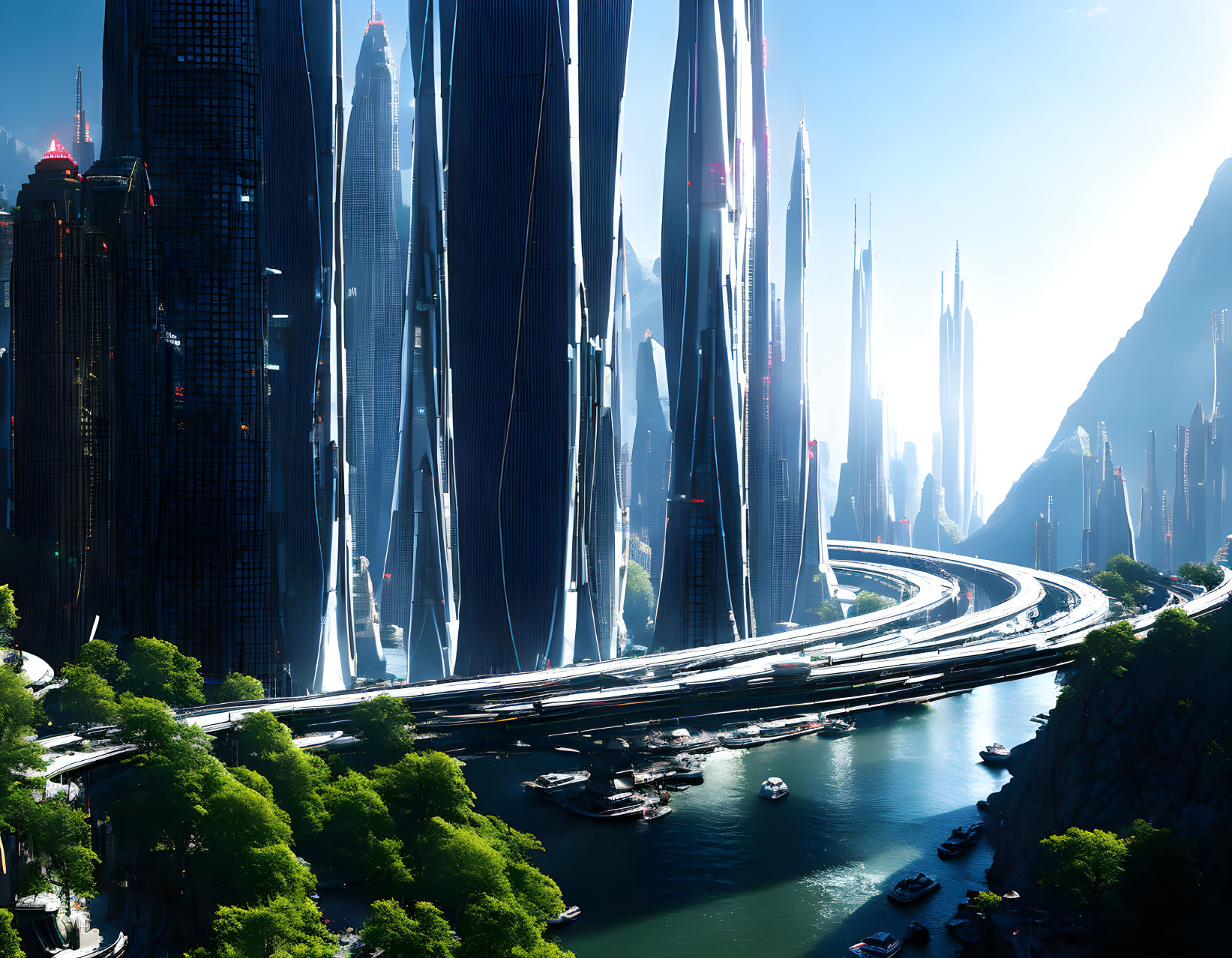 Futuristic cityscape featuring towering skyscrapers, lush greenery, winding roads, and river