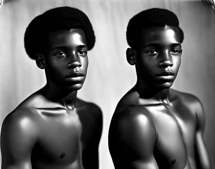 Young boy with serious expression and afro hairstyle in monochrome duplication