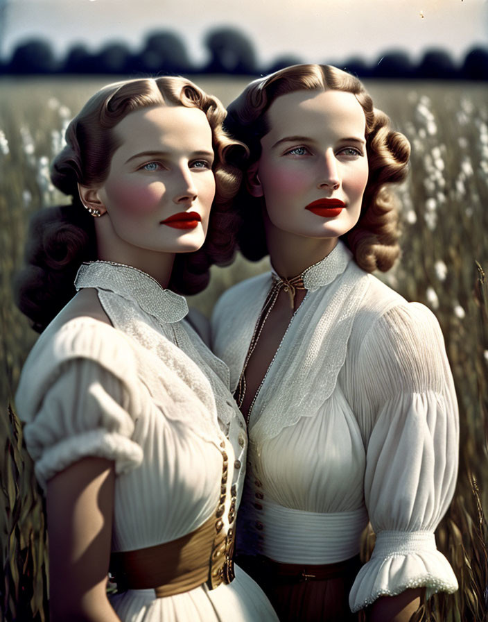 Vintage Hairstyle Women in White Blouses Amidst Tall Grass