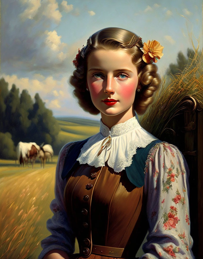 Portrait of young woman with braided hair in traditional dress against pastoral backdrop