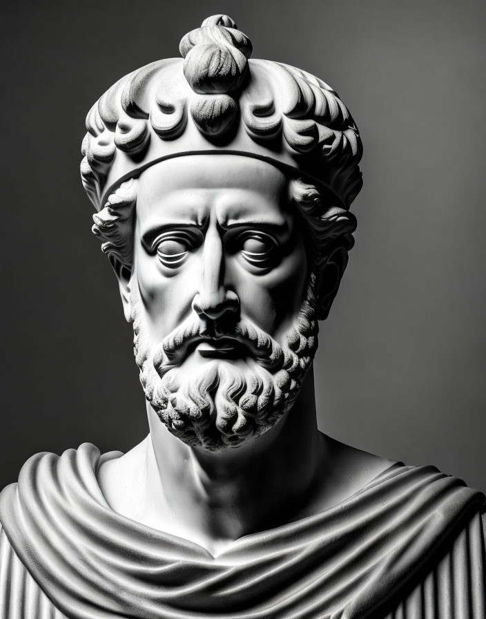 Monochrome photo of classical bust with bearded male and wreath crown