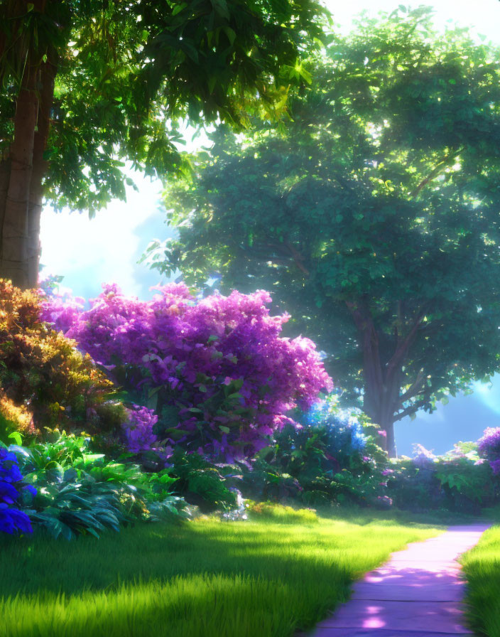 Tranquil garden path with greenery and purple flowers