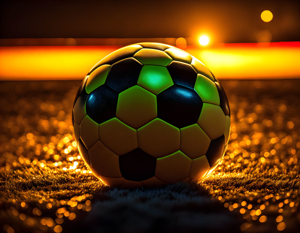 Soccer Ball on Grass Field with Warm Lights