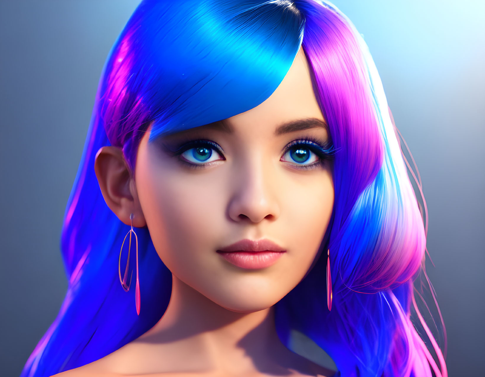 Vibrant blue and pink hair female figure portrait on blue gradient background