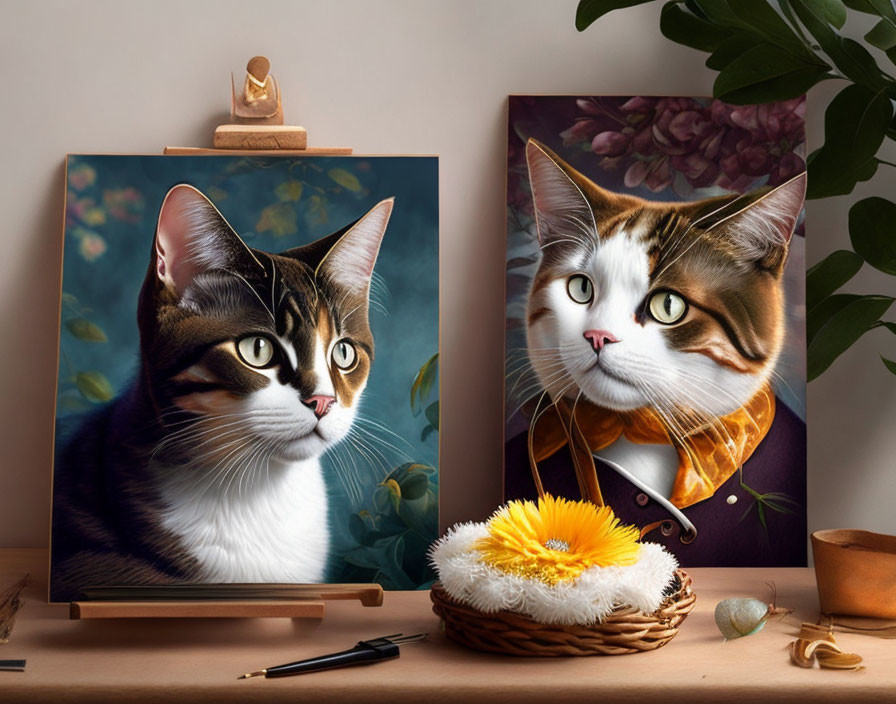 Realistic cat painting beside 17th-century noble cat portrait on artist's workspace with flower