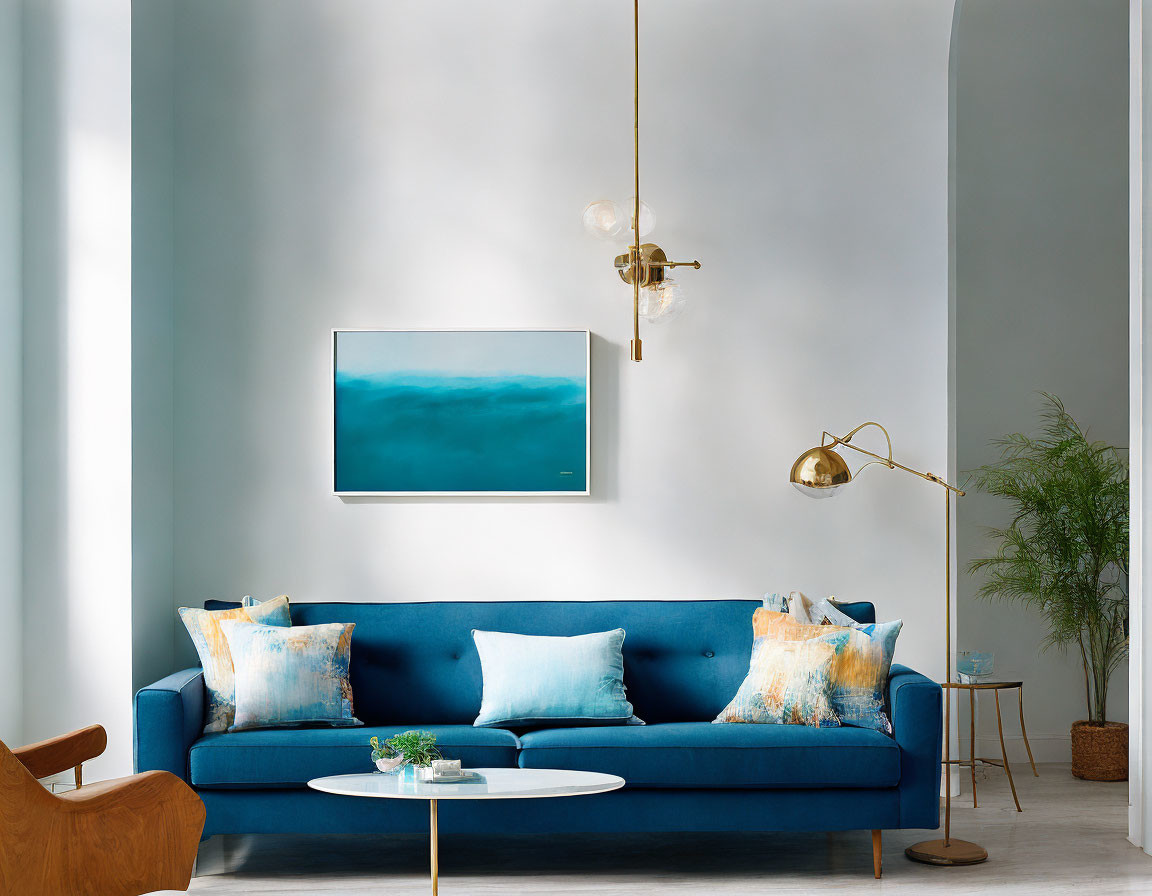 Blue Sofa, Gold Light Fixtures, White Walls: Modern Living Room Design