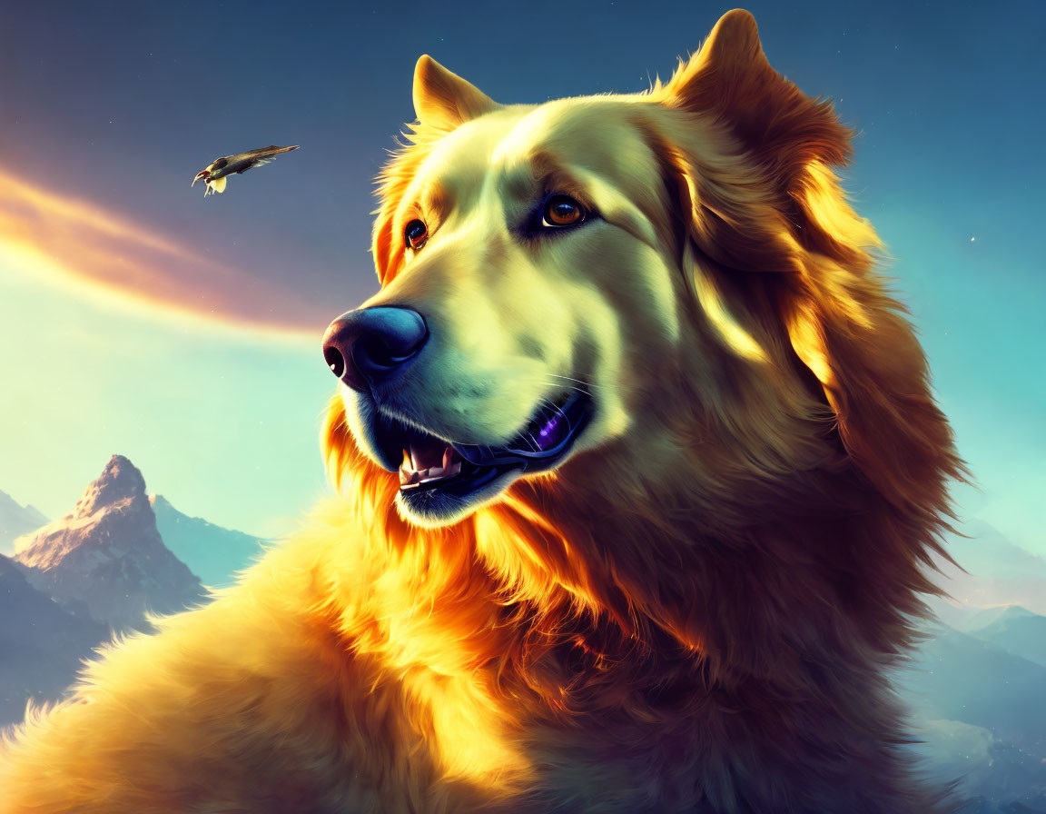 Golden retriever digital artwork with mountain backdrop and eagle in sunset sky