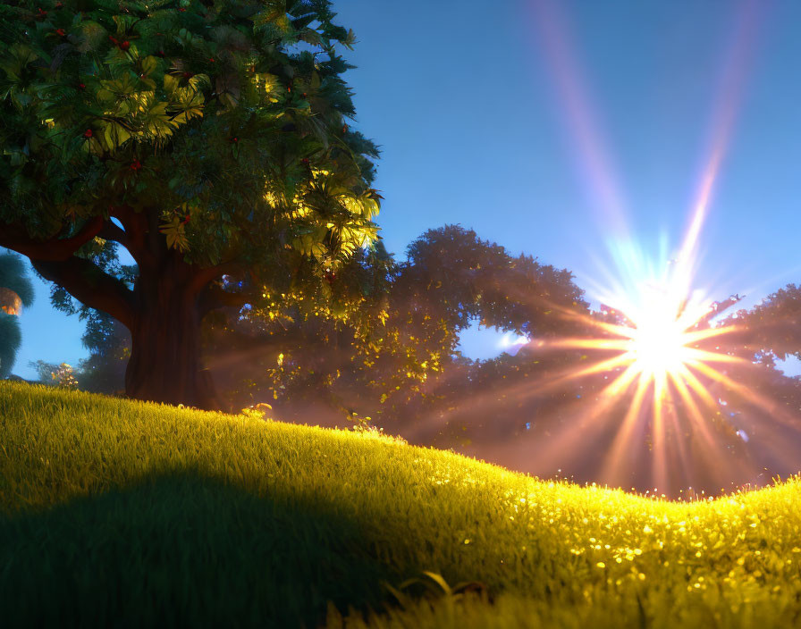 Sunbeams shining through tree onto dewy meadow with fireflies at dawn