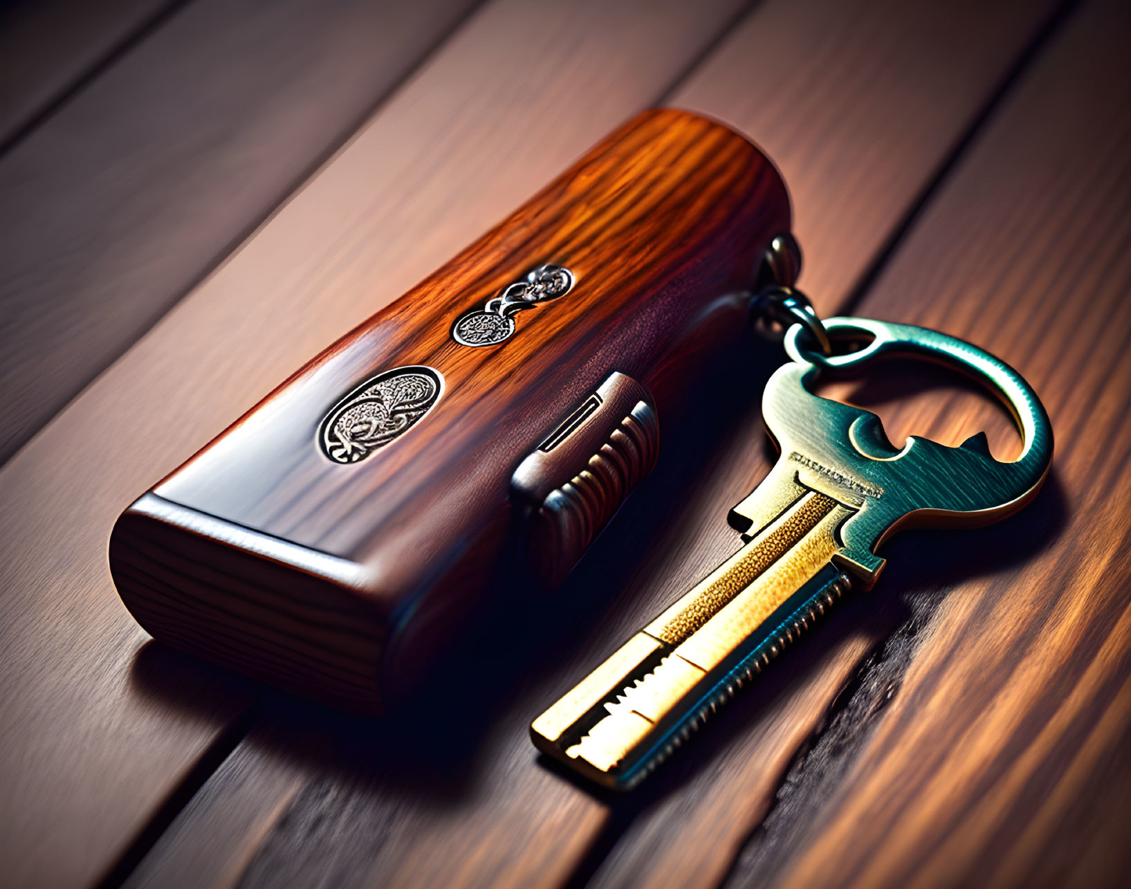 Intricately engraved wooden case with brass key on slatted surface