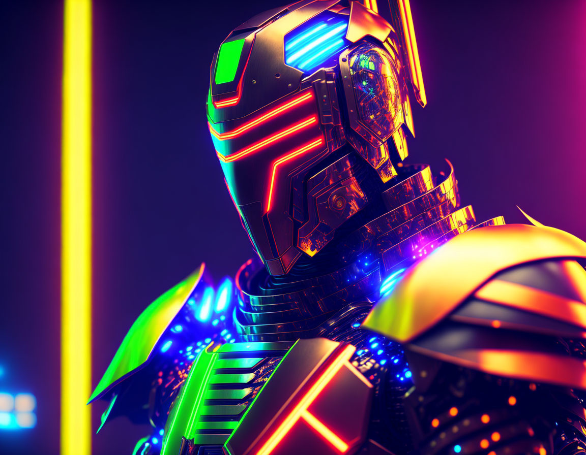 Futuristic robot with neon lights and intricate circuitry on vibrant background