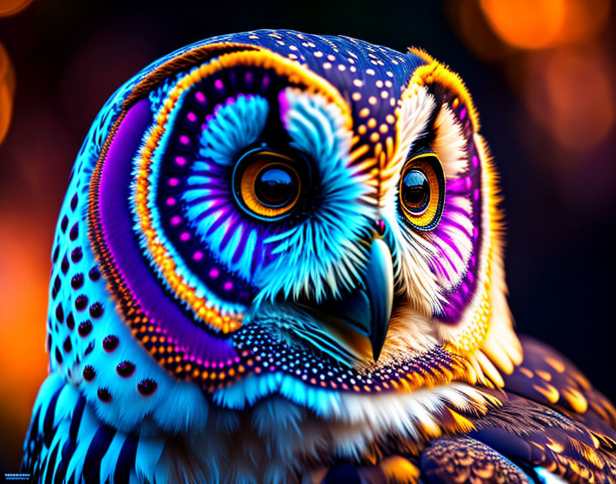 Vibrant Digital Art: Colorful Owl with Blue and Purple Feathers