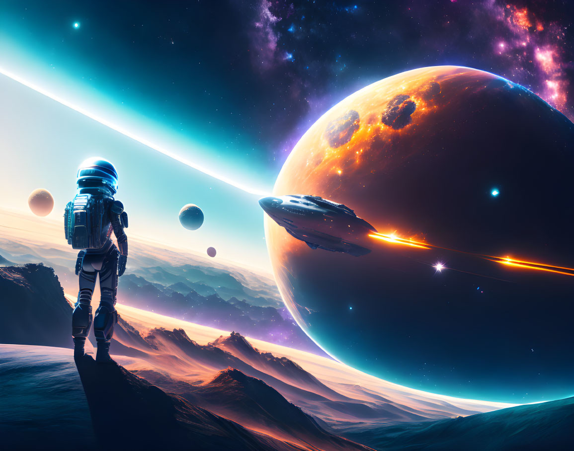 Astronaut observing colorful space vista on alien planet