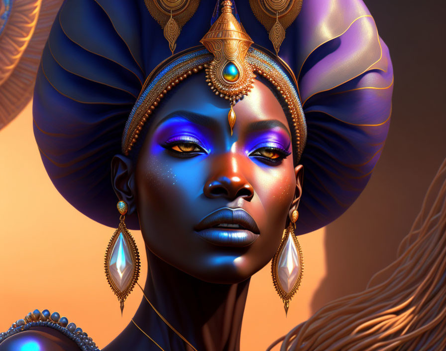 Digital portrait of woman with blue skin, golden headdress, and jewelry on orange backdrop