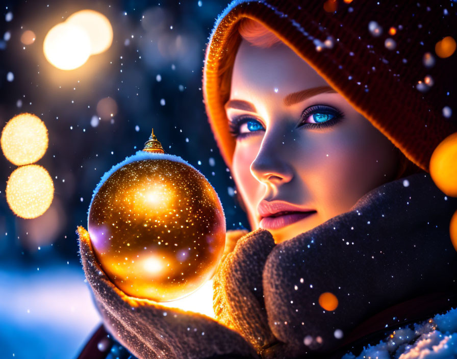 Person in winter attire holding glowing Christmas ornament in magical winter night.