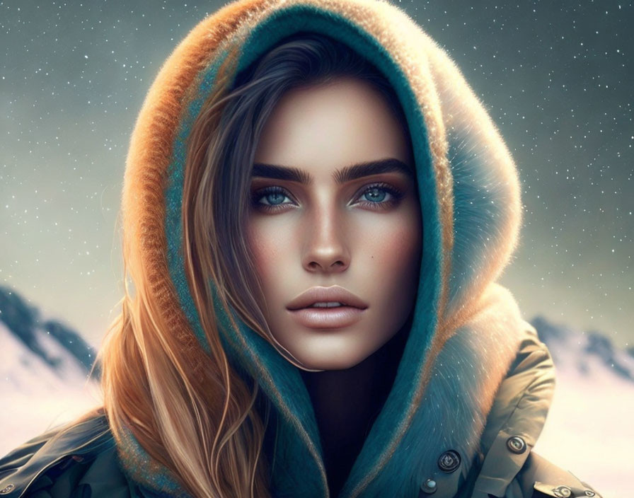 Portrait of woman with blue eyes in snowy landscape