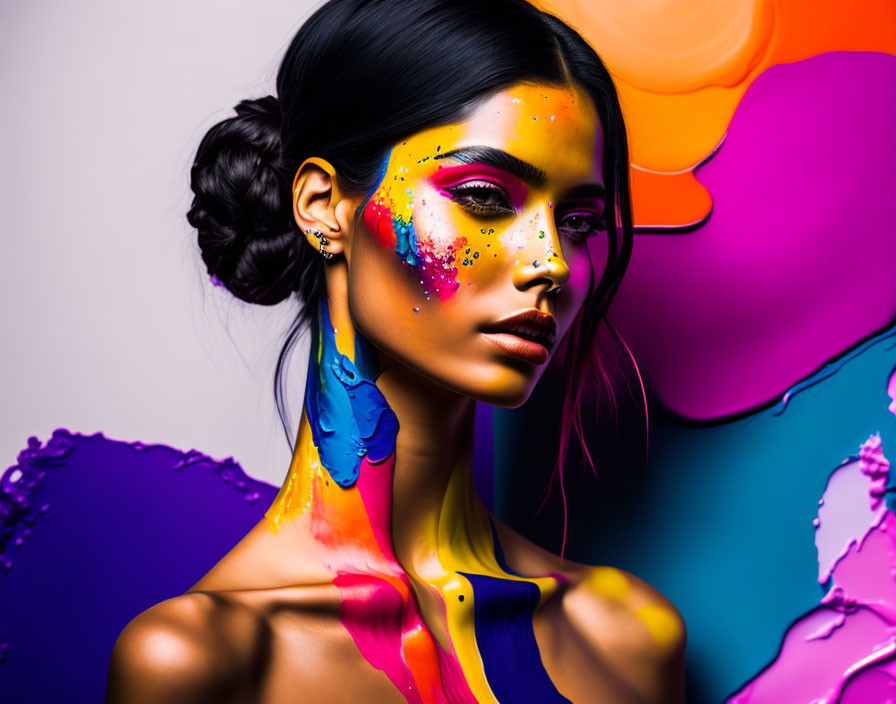 Colorful Paint Splashes Adorn Woman Against Vibrant Background