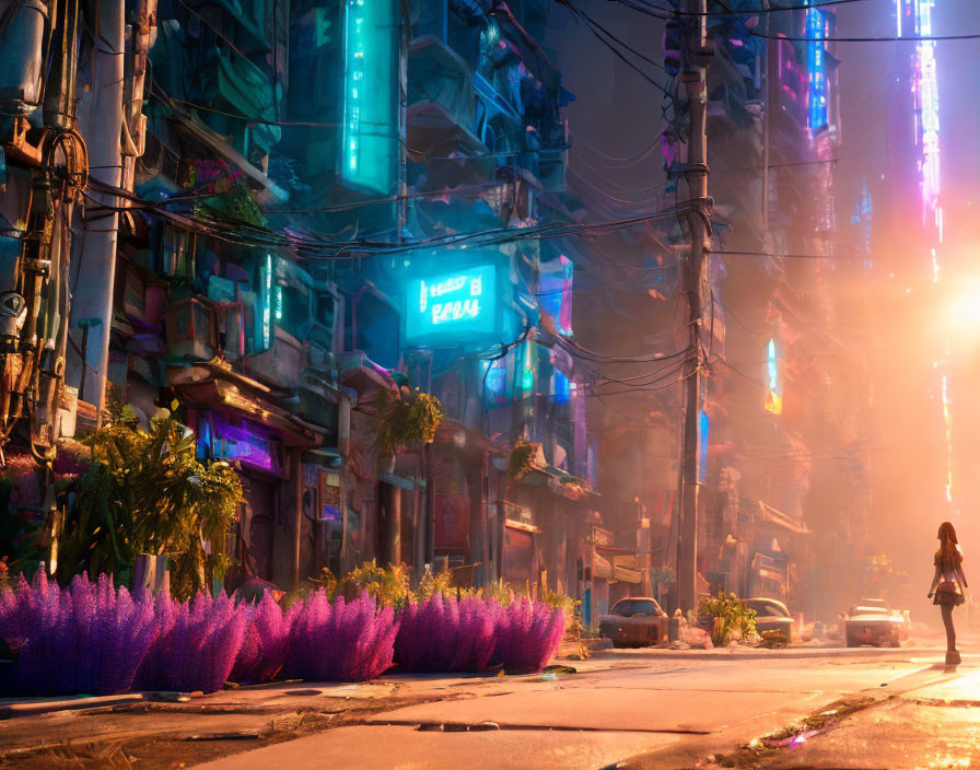 Futuristic alley with neon lights, purple foliage, and abandoned vehicles