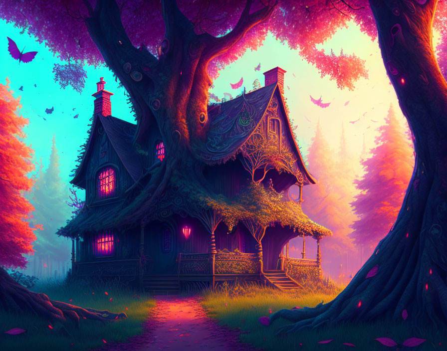 Whimsical house in purple forest with butterflies