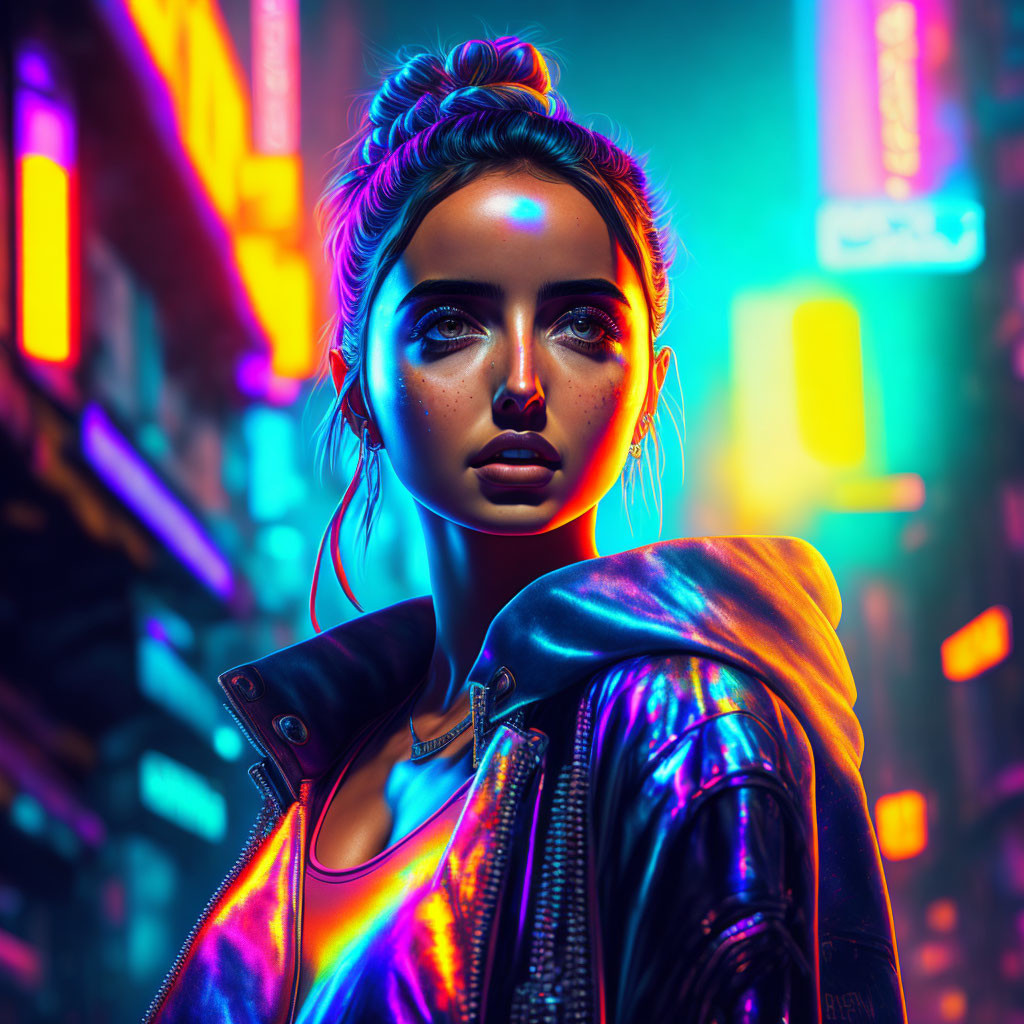 Futuristic digital artwork: Woman with neon lighting and city backdrop