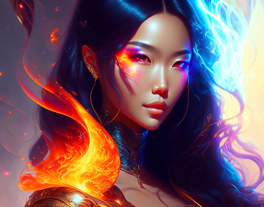 Woman depicted with fiery orange and cool blue energies in digital artwork