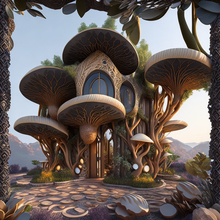 Intricate Mushroom House in Enchanted Forest Sunset