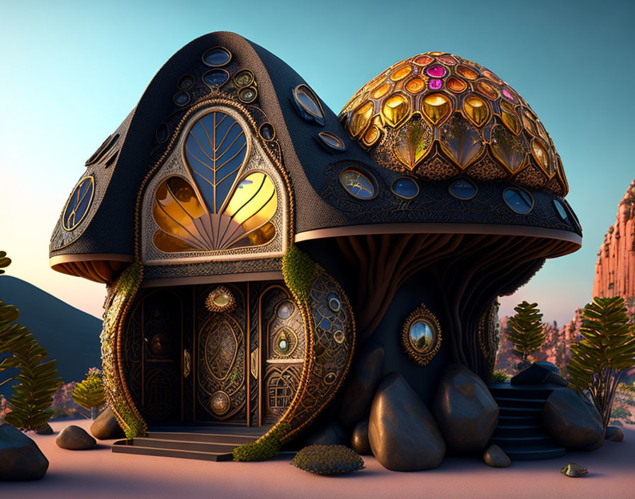 Mushroom-shaped House with Ornate Doors and Windows in Mystical Desert Dusk