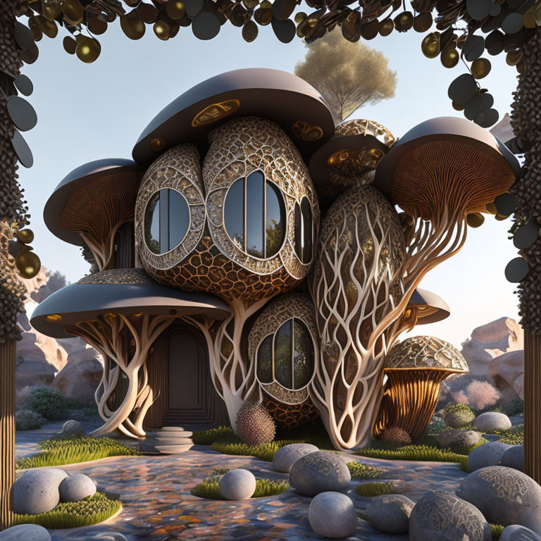 Fantasy Mushroom House Amid Rocks and Plants