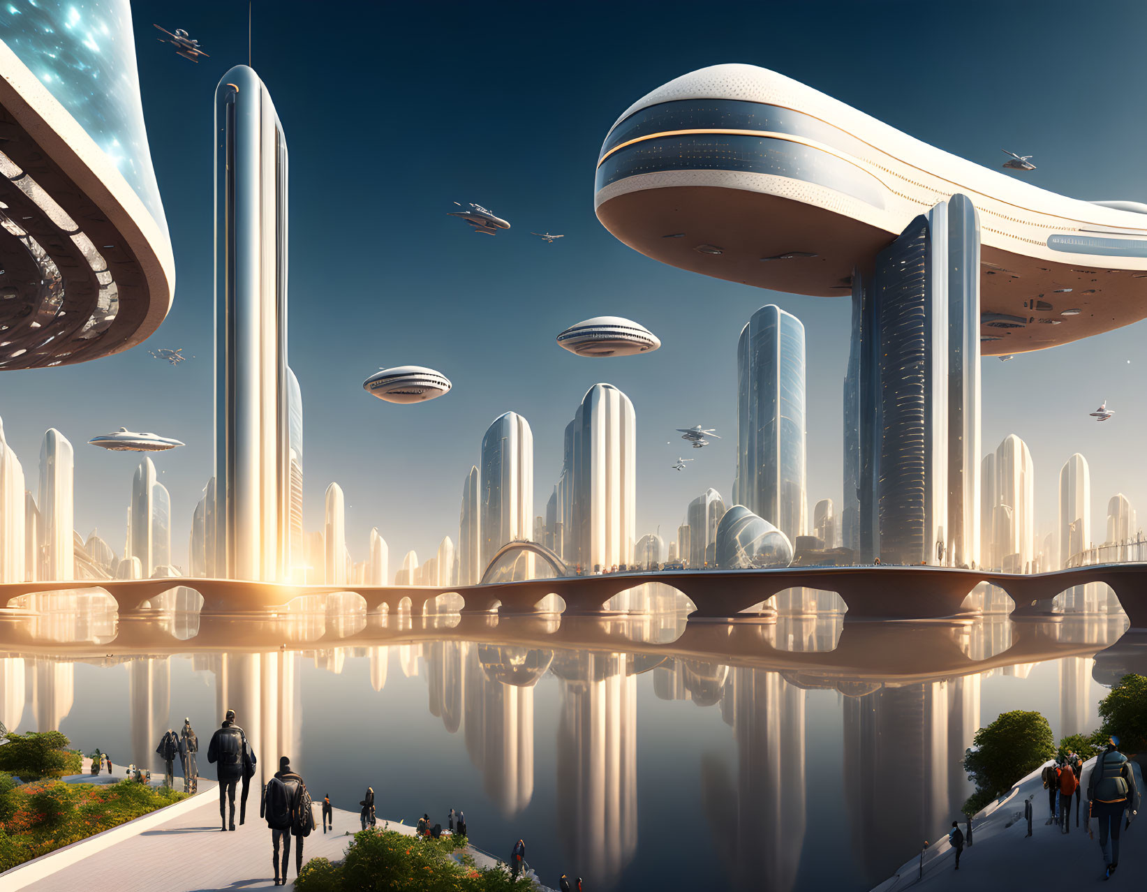 Modern city skyline with flying vehicles and reflective waterways