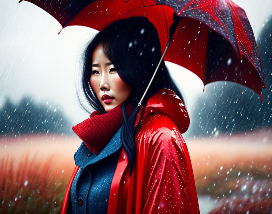 Dark-haired woman in red jacket and scarf under red umbrella in snowy field