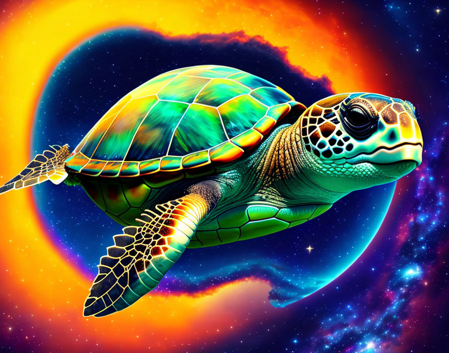 Colorful Space Turtle with Cosmic Background and Stars