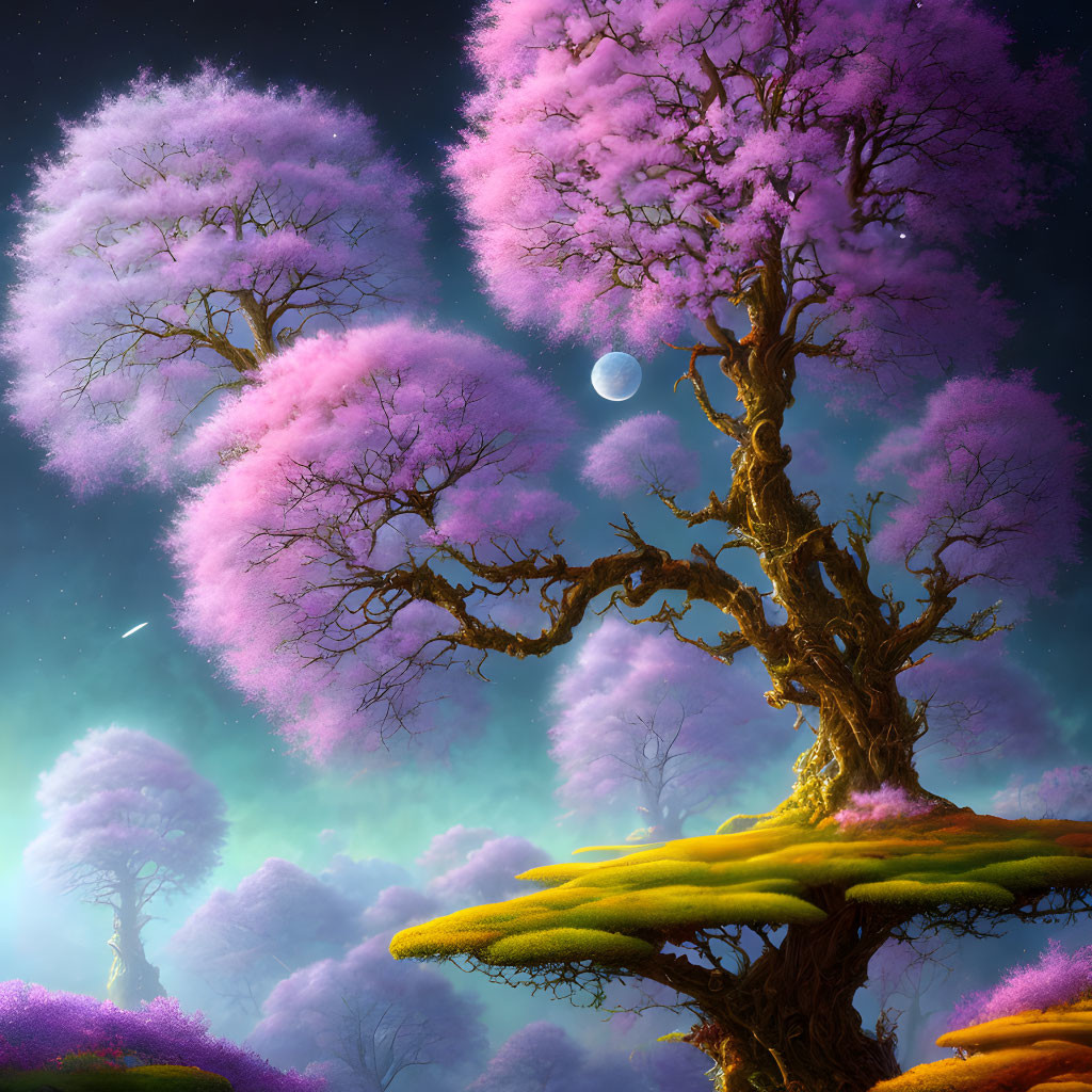 Purple Cherry Blossom Trees with Moon and Shooting Star in Mystical Landscape