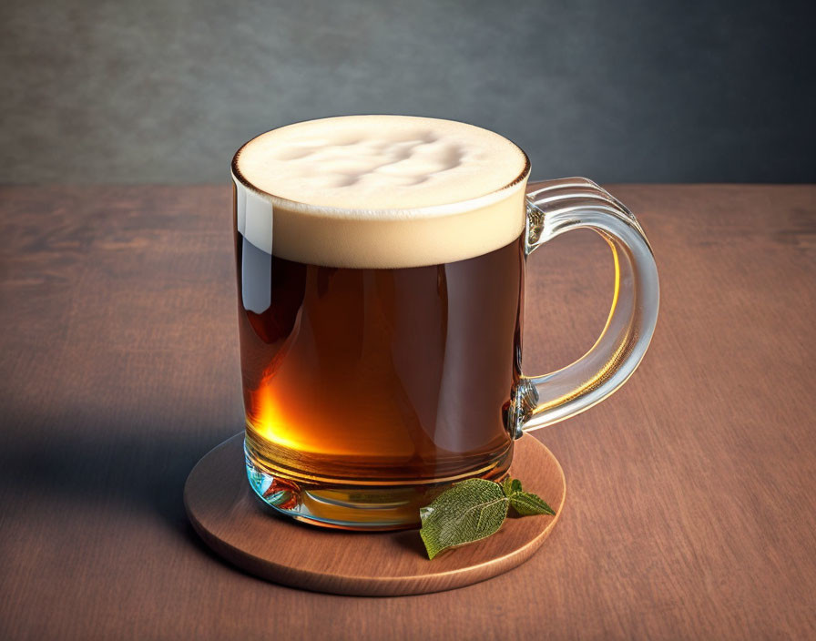 Frothy beer mug on wooden coaster with hop leaf, dark background