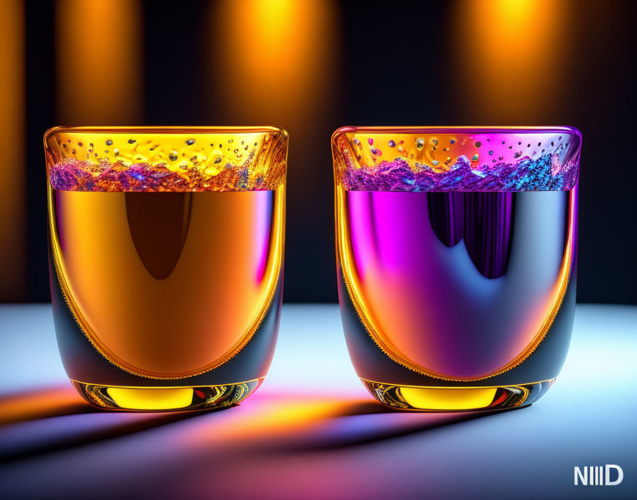 Colorful Orange and Purple Glasses with Splashing Liquid on Dimly Lit Background