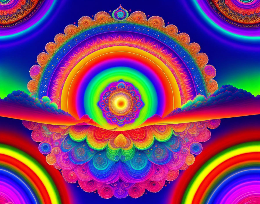 Symmetric Rainbow Fractal Art: Psychedelic Peacock Feathers & Mandalas