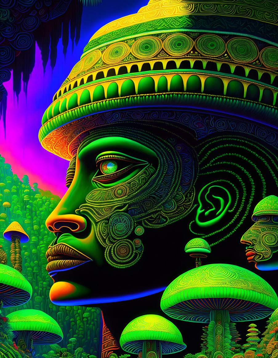 Colorful digital artwork: stylized face profile in psychedelic forest scenery