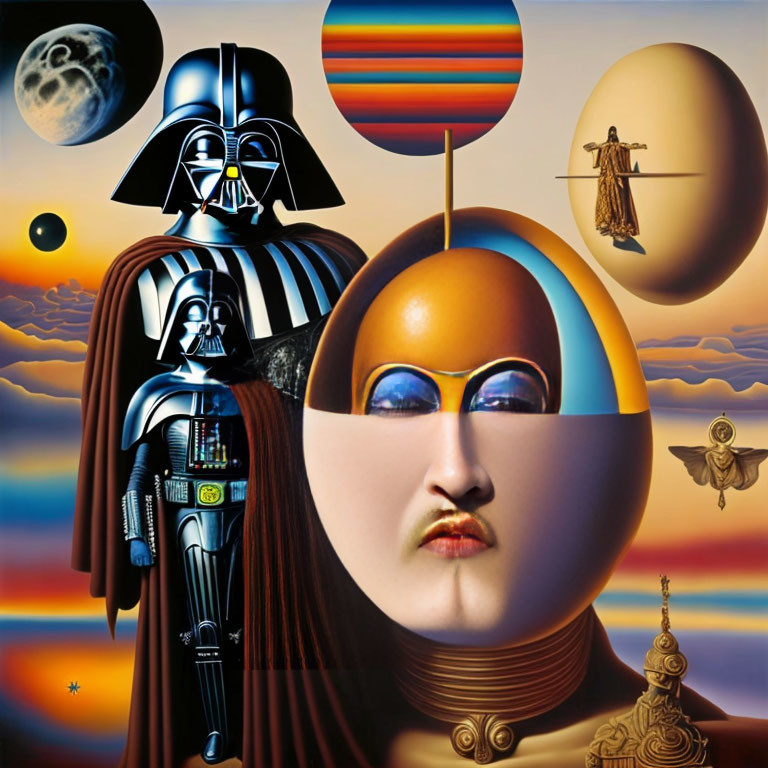 Surreal sci-fi artwork: central face, Darth Vader, space elements, sunset sky