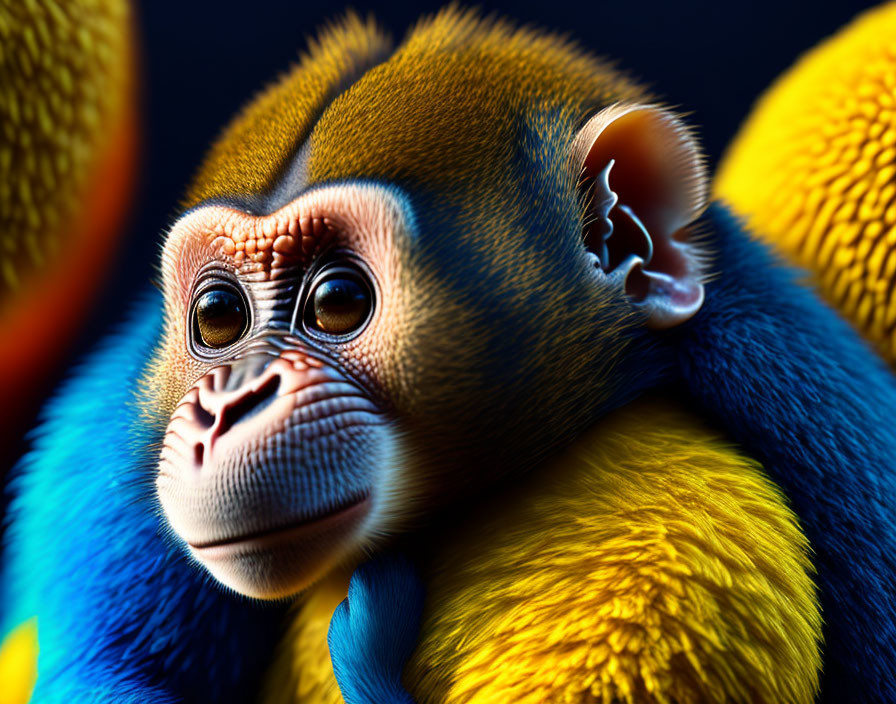 Vibrant mandrill with blue and yellow fur on dark background