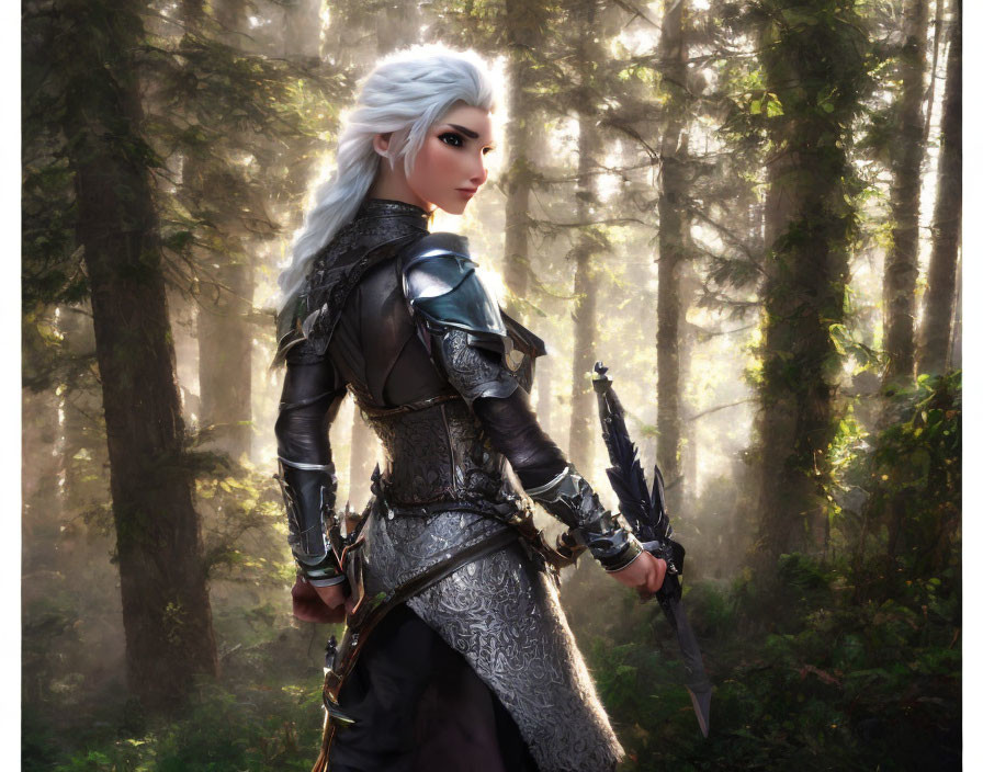 Silver-Haired Female Warrior in Ornate Armor Holding Sword in Sunlit Forest