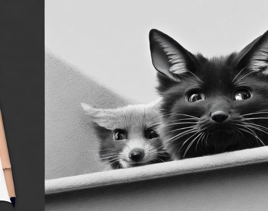 Realistic black and white drawing of wide-eyed cat and fox peeking with pencil